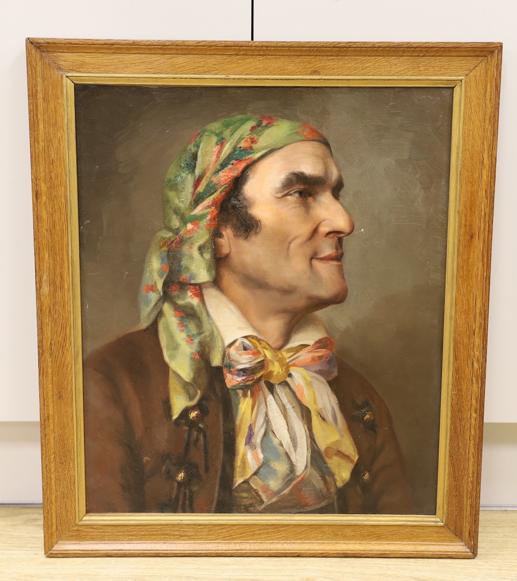 Late 19th century French School, oil on canvas, Portrait of a gentleman wearing a headscarf, 55 x 45cm